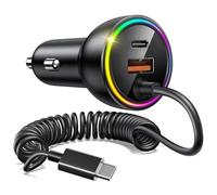 Menibeuty 75W Allume Cigare USB C Câble Spiralé 1.2M Type C, Câble de Charge Rapide pour Voiture, Compatible avec 1Phone 17, 16, 16e, 15 Pro Max, Galaxy S26 S25 S24, Pixel Ultra, Automobile