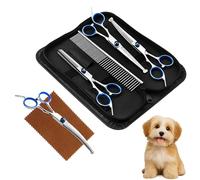Menibeuty Ciseaux Toilettage Chien Kit, Ciseauxs de Toilettage pour Chiens, Embouts de Sécurité Ronds y Compris Ciseaux à Effiler, Ciseaux Courbes,Ciseaux Droits,Peigne,Ciseauxs Chien Toilettages Bleu