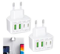 Menibeuty Lot de 2 Chargeur USB C 40W, Adaptateur Secteur Rapide Multiport (2X USB-C PD + 2X USB-A QC 3.0), Prise Murale Plate pour Espaces Restreints, Compatible avec iPhone 16/15/14, iPad, S25/S24