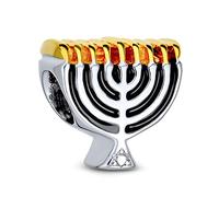Bling Jewelry Menorah De Hanoukka Fête Des Lumières Pour Femmes Perle De Breloque Bicolore Plaquée Or 14K Jaune .925 Argent Sterling Pour Bracelets Européens