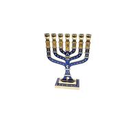 Menorah dor?e 7 branches 12 tribus d'Isra?l J?rusalem Menora ?mail bleu 4,7"
