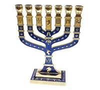 Menorah Golden Menorah 7 branches 12 tribus d'Israël de Jérusalem Menora Bleu émaillé 11,9 cm