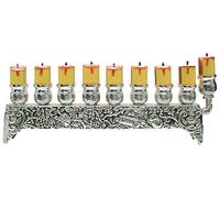 Menorah Hanouka Plaqué Argent pour l'huile - Hanukkah Menorah Convient Aux Tasses à Huile Hanukkah Standard et Aux Grandes Bougies - 28 cm de Large, 8 cm de Haut