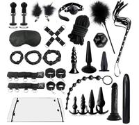 Menottes Bondage Set 26 Pièces,Menottes Lit Plug Anal Godemiché Anneau Pénis,Choker Pinces à Tétons Aspirateur à Tétons Masque Pour Les Yeux Fouet Bâillon Toys
