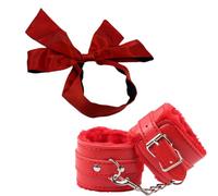 Menottes Sexy Érotique en Fourrure et Cuir (Rouge) + Cache Yeux en Satin Rouge - Coffret de Sex Toys pour Couples - Menottes Sex Lit pour Jeu Érotique et Sensuel - Idéal pour Pimenter Votre Vie Intime