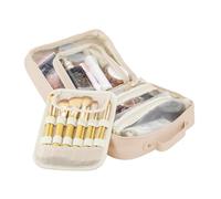 MENRU Trousse de maquillage de voyage de grande capacité en cuir imperméable avec porte-brosse et poignée, sac de rangement portable pour femmes et filles, rose