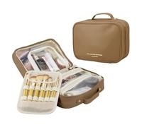 MENRU Trousse de maquillage de voyage de grande capacité en cuir imperméable avec porte-brosse et poignée, sac de rangement portable pour femmes et filles, marron