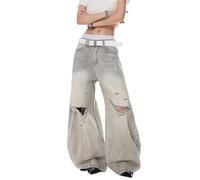 Men's and Women's Flared Leg Jeans Retro Relaxed Fit Distressed Pants with Wash & Multiple Pockets Curved Seam(Grayn24,XXL)