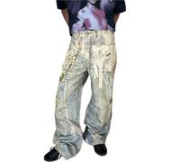 Men's and Women's Flared Leg Jeans Retro Relaxed Fit Distressed Pants with Wash & Multiple Pockets Curved Seam(Bluen7041,M)