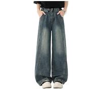 Men's and Women's Flared Leg Jeans Retro Relaxed Fit Distressed Pants with Wash & Multiple Pockets Curved Seam(Retrobluea106,L)