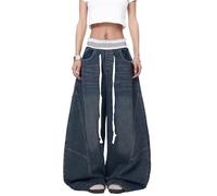 Men's and Women's Flared Leg Jeans Retro Relaxed Fit Distressed Pants with Wash & Multiple Pockets Curved Seam(Bluen1257,L)