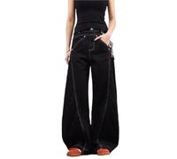 Men's and Women's Flared Leg Jeans Retro Relaxed Fit Distressed Pants with Wash & Multiple Pockets Curved Seam(Blacka703,XL)