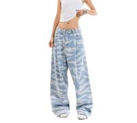 Men's and Women's Flared Leg Jeans Retro Relaxed Fit Distressed Pants with Wash & Multiple Pockets Curved Seam(Wavepatternbluen7029,XXL)
