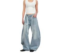 Men's and Women's Flared Leg Jeans Retro Relaxed Fit Distressed Pants with Wash & Multiple Pockets Curved Seam(Bluekc7096,L)