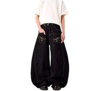 Men's and Women's Flared Leg Jeans Retro Relaxed Fit Distressed Pants with Wash & Multiple Pockets Curved Seam(Black7826,M)