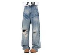 Men's and Women's Flared Leg Jeans Retro Relaxed Fit Distressed Pants with Wash & Multiple Pockets Curved Seam(Blueb3098,S)