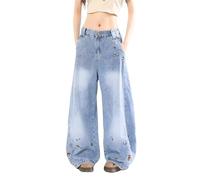 Men's and Women's Flared Leg Jeans Retro Relaxed Fit Distressed Pants with Wash & Multiple Pockets Curved Seam(Lightbluea016,L)