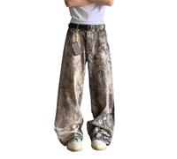 Men's and Women's Flared Leg Jeans Retro Relaxed Fit Distressed Pants with Wash & Multiple Pockets Curved Seam(Yellown0090,L)