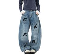 Men's and Women's Flared Leg Jeans Retro Relaxed Fit Distressed Pants with Wash & Multiple Pockets Curved Seam(Bluen7038,L)