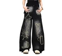 Men's and Women's Flared Leg Jeans Retro Relaxed Fit Distressed Pants with Wash & Multiple Pockets Curved Seam(Blackb383,M)