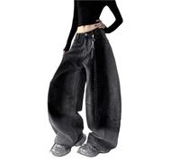 Men's and Women's Flared Leg Jeans Retro Relaxed Fit Distressed Pants with Wash & Multiple Pockets Curved Seam(Blacka370,XL)