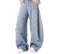 Men's and Women's Flared Leg Jeans Retro Relaxed Fit Distressed Pants with Wash & Multiple Pockets Curved Seam(Blueb3124,S)