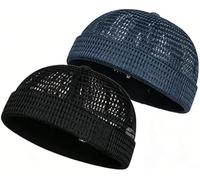 Men's Breathable Brimless Docker Hat, Lightweight Mesh Skull Cap for Summer, Adjustable Breathable Cooling Cap (2Pcs-A)