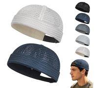Men's Breathable Brimless Hat Summer Style Mesh Tang, Adjustable Cap Docker Beanie, Breathable Mesh Cap for Men (Beige+Navy Blue)