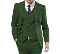 Mens Business Casual Outfits Retro Tweed Tuxedos Dress Wedding Prom Suits 3 Piece Peak Lapel Dress Jacket Vest Pants Green 4X Large