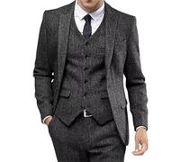Mens Business Casual Outfits Retro Tweed Tuxedos Dress Wedding Prom Suits 3 Piece Peak Lapel Dress Jacket Vest Pants Black 3X Large