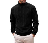 Mens Cable Knit High Neck Sweater Solid Color Long Sleeve Casual Pullover (Black,TTG)