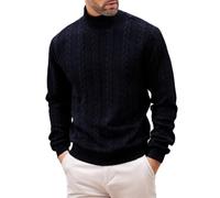 Mens Cable Knit High Neck Sweater Solid Color Long Sleeve Casual Pullover (Dark Blue,M)