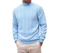 Mens Cable Knit High Neck Sweater Solid Color Long Sleeve Casual Pullover (Light Blue,TG)