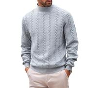 Mens Cable Knit High Neck Sweater Solid Color Long Sleeve Casual Pullover (Light Gray,M)