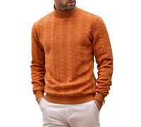 Mens Cable Knit High Neck Sweater Solid Color Long Sleeve Casual Pullover (Orange,M)