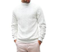 Mens Cable Knit High Neck Sweater Solid Color Long Sleeve Casual Pullover (White,M)