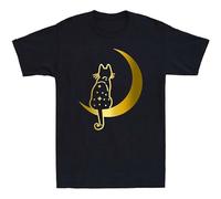 Men's Cat in The Moon Funny Cat Lovers Gift Golden Print Novelty T-Shirts Black S