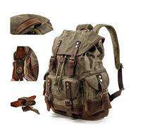 Mens Cire Toile Sac à Dos en Cuir Sac à Dos pour Les Hommes en Cire Sacs à Dos en Cuir Voyage Vintage Bookbag avec Compartiment pour Ordinateur Portable Rustic Large imperméable