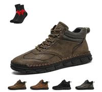 Men's Comfortable Handmade Leather Boots, Men's Slip-on Orthopedic Leather Boots, Waterproof Toe Box Shoes(Khaki,41 EU)