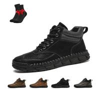 Men's Comfortable Handmade Leather Boots, Men's Slip-on Orthopedic Leather Boots, Waterproof Toe Box Shoes(Black,46 EU)