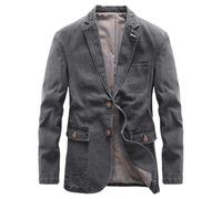 Mens Denim Jacket Two Button Business Suit Jacket Casual Slim Denim Blazer Wash Sport Coat Grey X Large