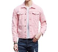 Men's Denim Jackets Slim Fit Ripped Denim Jacket Trendy Trucker Coat Spring Fall Outfits Pink X Large