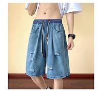 Men's Denim Shorts Summer High Street Black Hole Baggy Short Jeans Straight Loose Elastic Waist