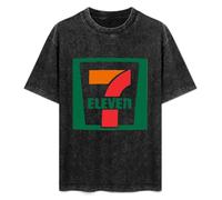 Men's Fashion Antique Wash Shirt Seven Eleven Logo Unisex Antique Wash T-Shirts Black M