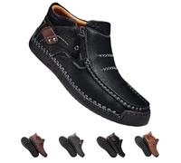 Men's Handmade Premium Leather Slip-On Driving Boots, The First Young Shoes Men Side Zipper Wide Toe, Arch Support & Non-Slip Sole (Black,41)