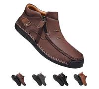 Men's Handmade Premium Leather Slip-On Driving Boots, The First Young Shoes Men Side Zipper Wide Toe, Arch Support & Non-Slip Sole (Dark Brown,40)