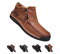 Men's Handmade Premium Leather Slip-On Driving Boots, The First Young Shoes Men Side Zipper Wide Toe, Arch Support & Non-Slip Sole (Light Brown,40)