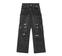 Men's Hip Hop Deconstructed Floor-Pasturing Pants - Baggy Loose Straight Leg Cargo Pants avec Patchwork Détail Chaîne en Métal Poche Casual Streetwear-Balck||m