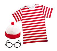 MENS LADIES RED & WHITE STRIPED TSHIRT HAT & GLASSES Fancy Dress (Size: Large) by PAPER UMBRELLA