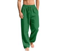 Mens Linen Pants Drawstring Relaxed Fit Straight Leg Casual Trousers (Green,TTG)